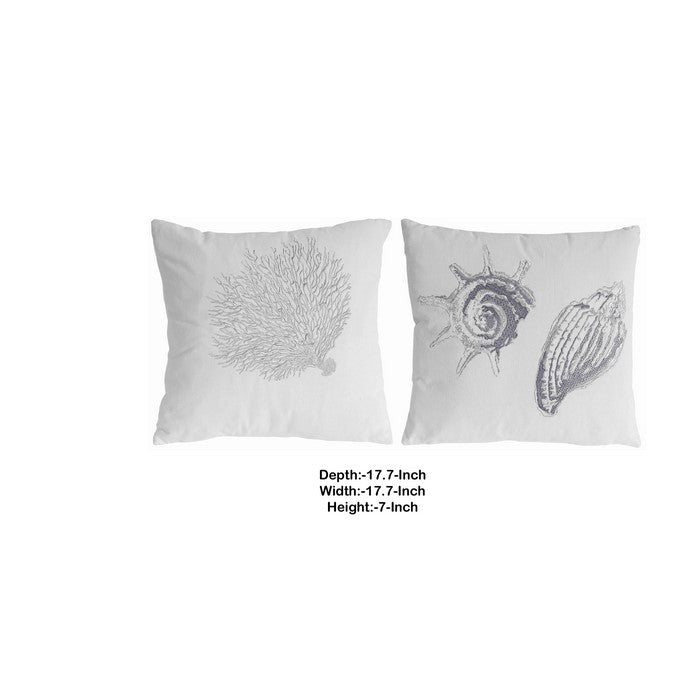 18 X 18 Inch Cotton Pillow with Seashell Embroidery, Set of 2, Silver and White