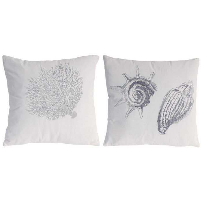 18 X 18 Inch Cotton Pillow with Seashell Embroidery, Set of 2, Silver and White
