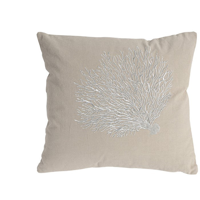 18 X 18 Inch Cotton Pillow with Seashell Embroidery, Set of 2, Silver and Brown
