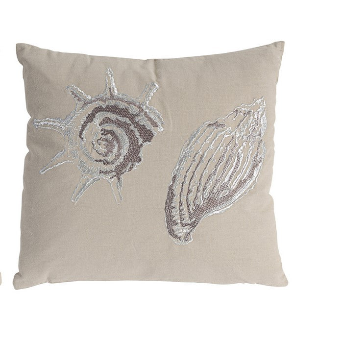 18 X 18 Inch Cotton Pillow with Seashell Embroidery, Set of 2, Silver and Brown