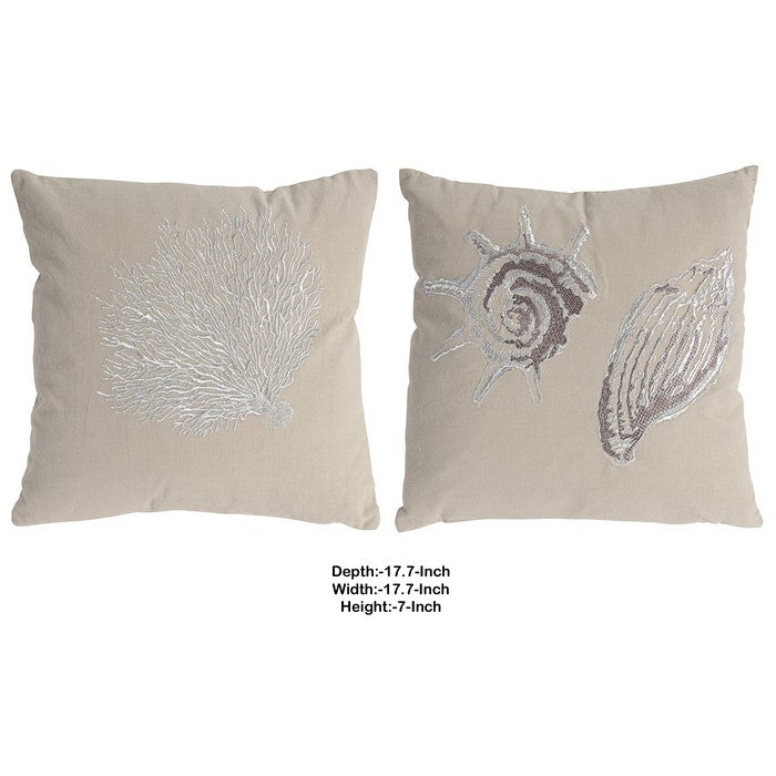 18 X 18 Inch Cotton Pillow with Seashell Embroidery, Set of 2, Silver and Brown