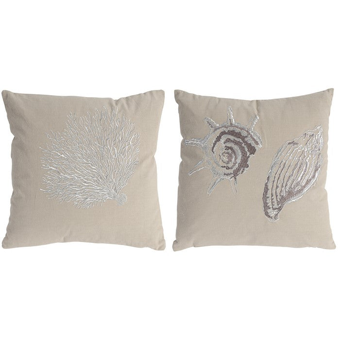 18 X 18 Inch Cotton Pillow with Seashell Embroidery, Set of 2, Silver and Brown
