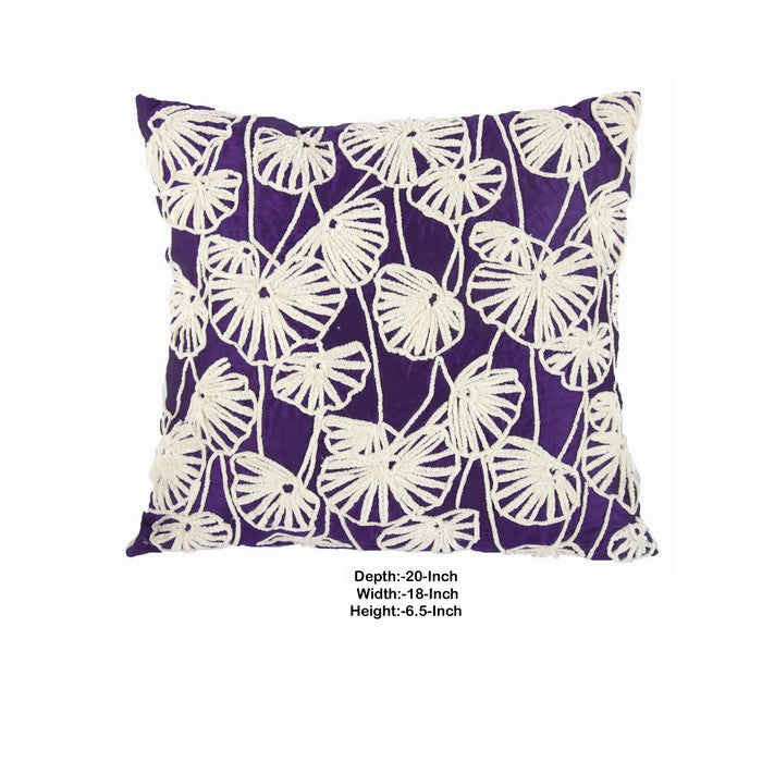 20 x 18 Inch Cotton Pillow with Dupioni Embroidery, Set of 2, White and Purple