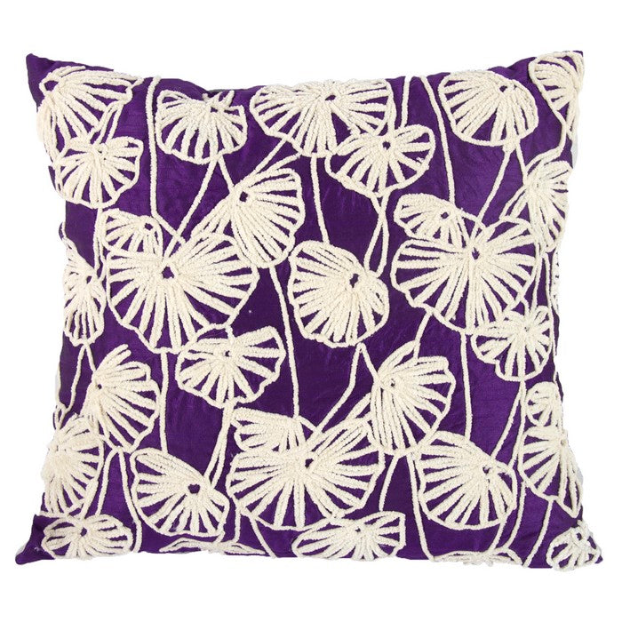 20 x 18 Inch Cotton Pillow with Dupioni Embroidery, Set of 2, White and Purple