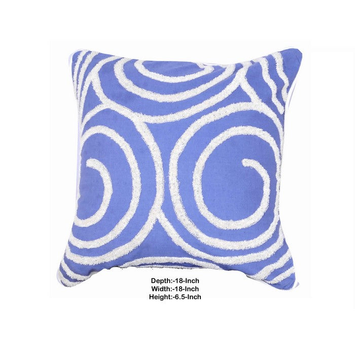 18 X 18 Inch Cotton Pillow with Spiral Embroidery, Set of 2, Blue and White