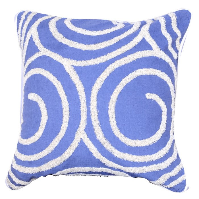 18 X 18 Inch Cotton Pillow with Spiral Embroidery, Set of 2, Blue and White