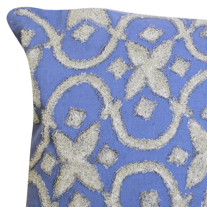 20 x 16 Inch Cotton Pillow with Geometric Embroidery, Set of 2, White and Blue