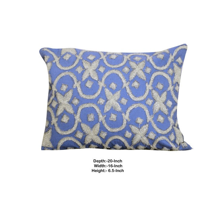 20 x 16 Inch Cotton Pillow with Geometric Embroidery, Set of 2, White and Blue