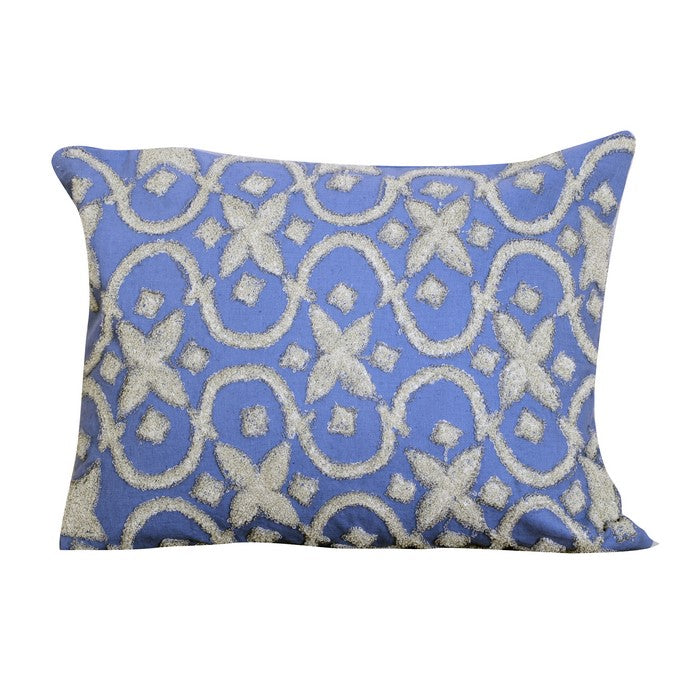 20 x 16 Inch Cotton Pillow with Geometric Embroidery, Set of 2, White and Blue
