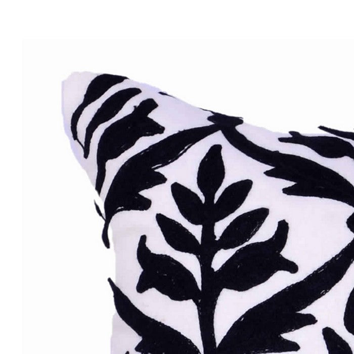 20 x 16 Inch Cotton Pillow with Leaf Embroidery, Set of 2, White and Blue