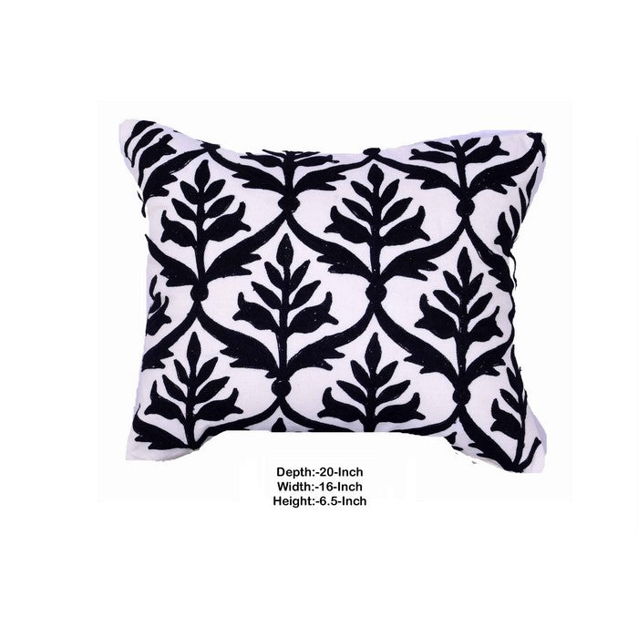 20 x 16 Inch Cotton Pillow with Leaf Embroidery, Set of 2, White and Blue