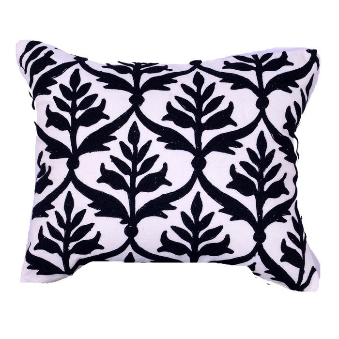 20 x 16 Inch Cotton Pillow with Leaf Embroidery, Set of 2, White and Blue