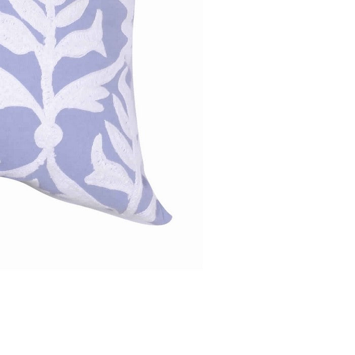 20 x 16 Inch Cotton Pillow with Leaf Motif Embroidery, Set of 2, White and Blue