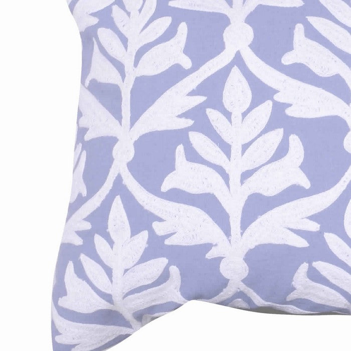 20 x 16 Inch Cotton Pillow with Leaf Motif Embroidery, Set of 2, White and Blue