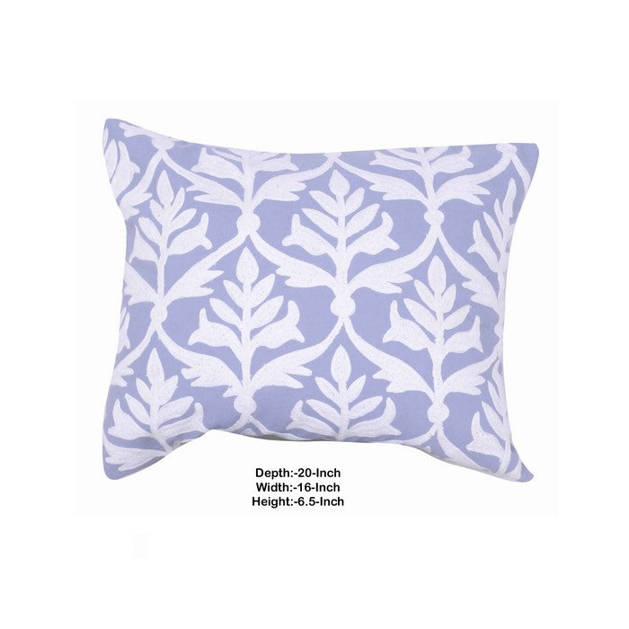20 x 16 Inch Cotton Pillow with Leaf Motif Embroidery, Set of 2, White and Blue
