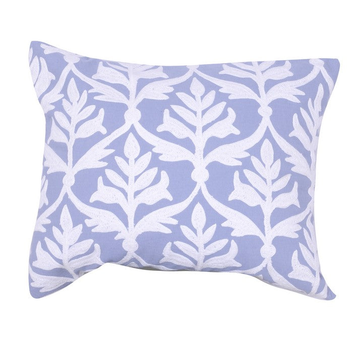 20 x 16 Inch Cotton Pillow with Leaf Motif Embroidery, Set of 2, White and Blue