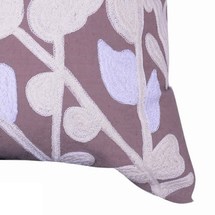 18 X 18 Inch Cotton Pillow with Stem and Leaf Embroidery, Taupe Brown and White