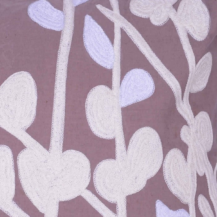 18 X 18 Inch Cotton Pillow with Stem and Leaf Embroidery, Taupe Brown and White