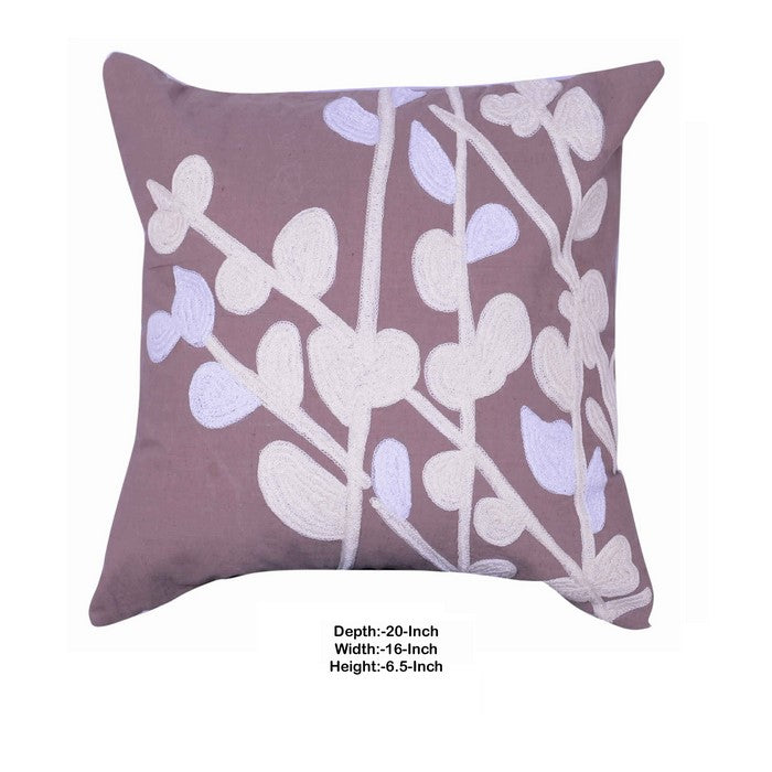 18 X 18 Inch Cotton Pillow with Stem and Leaf Embroidery, Taupe Brown and White