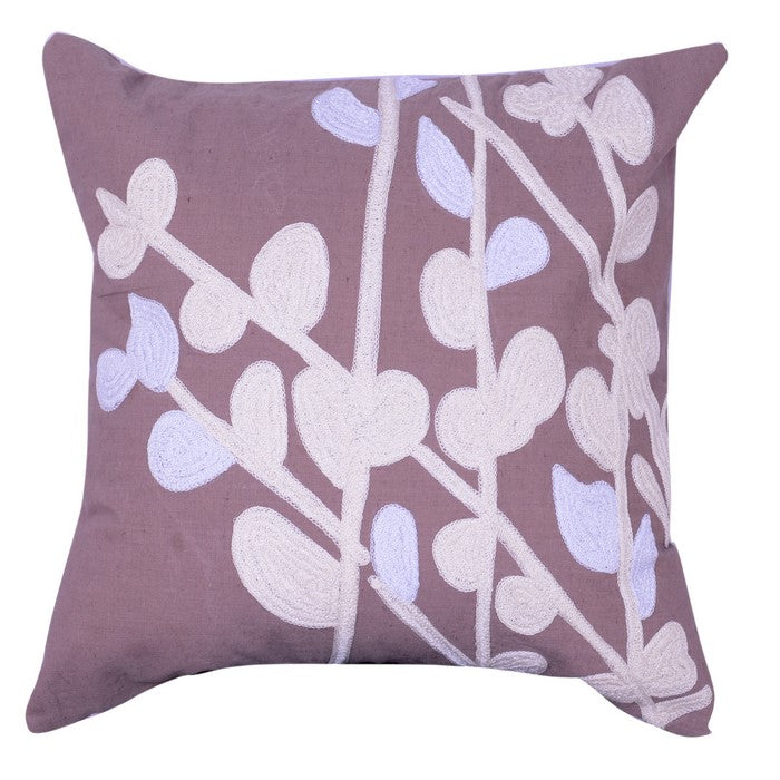 18 X 18 Inch Cotton Pillow with Stem and Leaf Embroidery, Taupe Brown and White