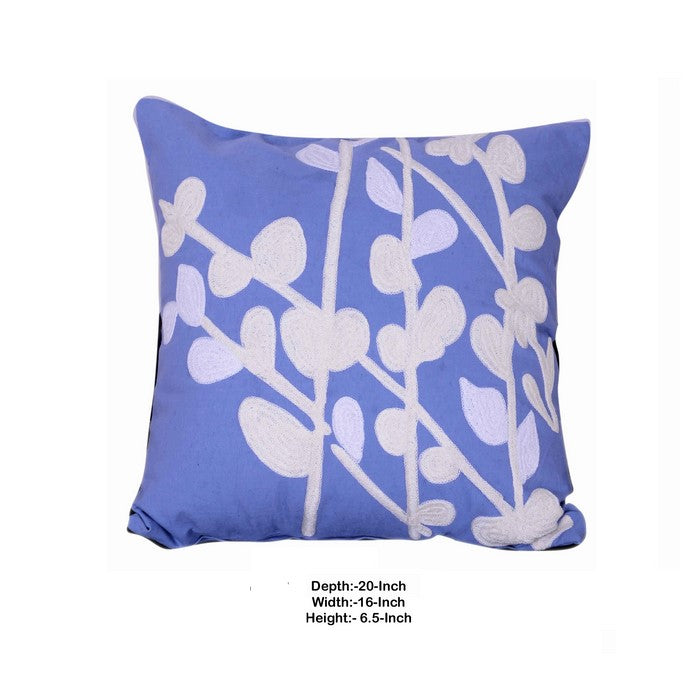 18 X 18 Inch Cotton Pillow with Stem and Leaf Embroidery,Set of 2,Blue and White