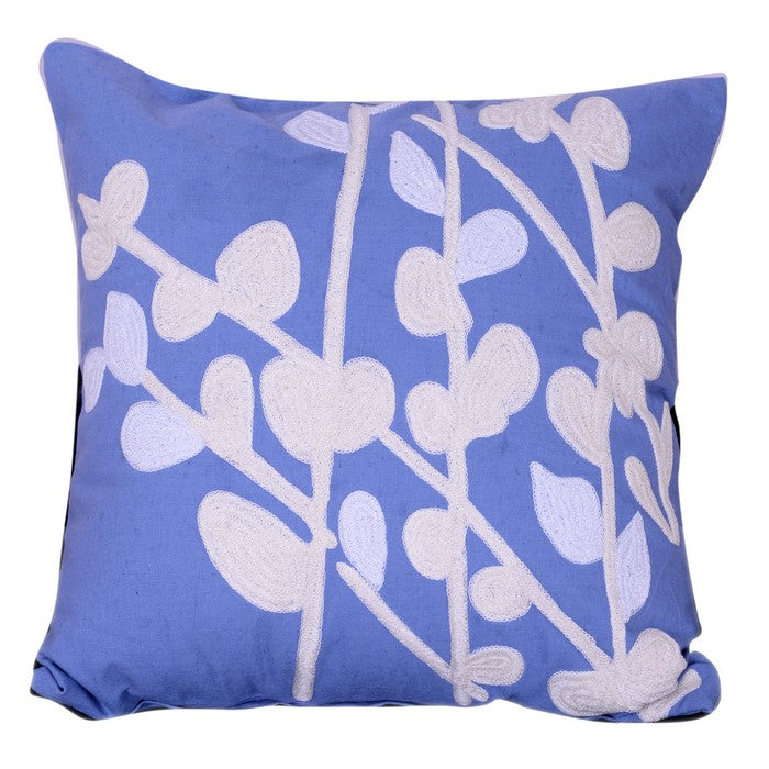 18 X 18 Inch Cotton Pillow with Stem and Leaf Embroidery,Set of 2,Blue and White