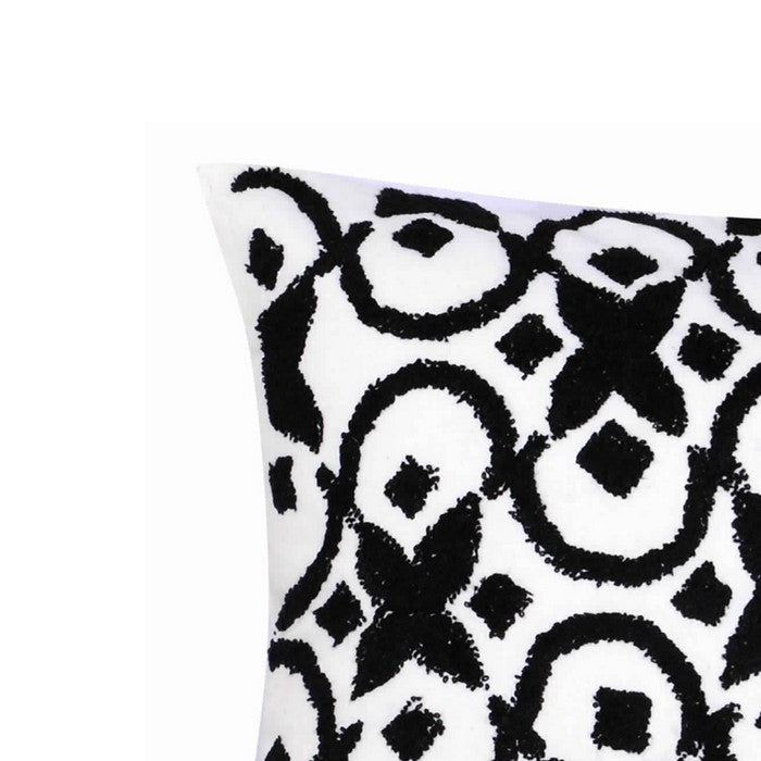 20 x 16 Inch Cotton Pillow with Geometric Embroidery, Set of 2, White and Black