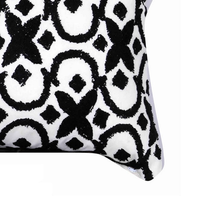 20 x 16 Inch Cotton Pillow with Geometric Embroidery, Set of 2, White and Black