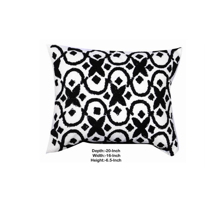20 x 16 Inch Cotton Pillow with Geometric Embroidery, Set of 2, White and Black
