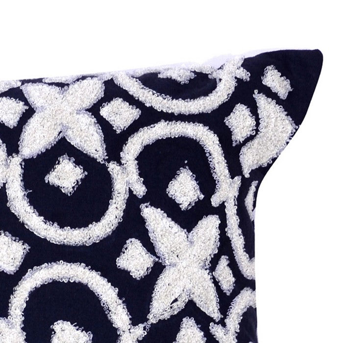 20 x 16 Inch Geometric Embroidered Cotton Pillow, Set of 2, White and Blue
