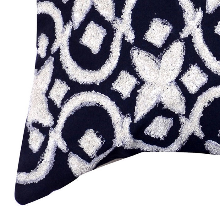 20 x 16 Inch Geometric Embroidered Cotton Pillow, Set of 2, White and Blue