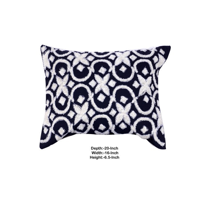 20 x 16 Inch Geometric Embroidered Cotton Pillow, Set of 2, White and Blue