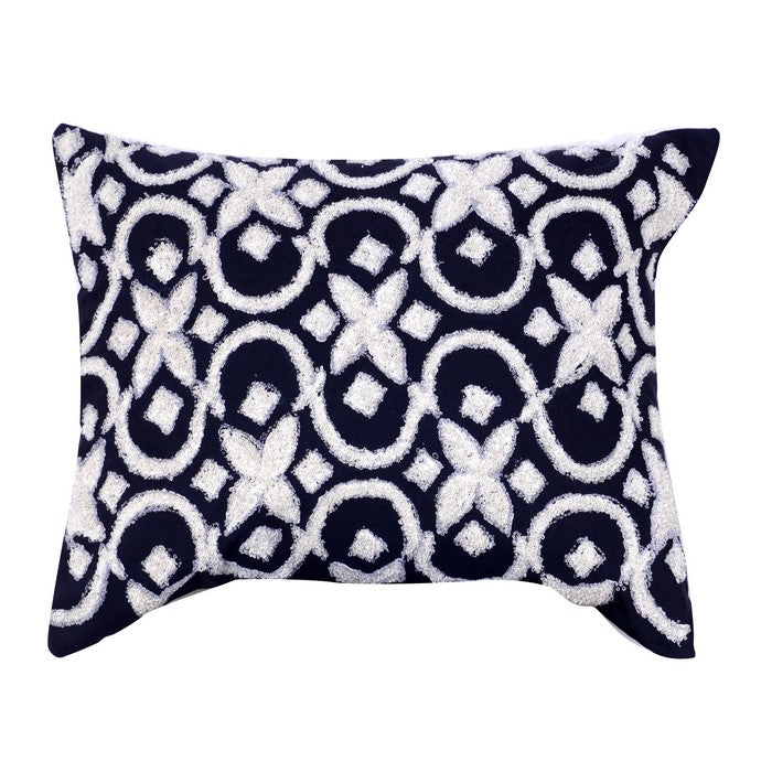 20 x 16 Inch Geometric Embroidered Cotton Pillow, Set of 2, White and Blue