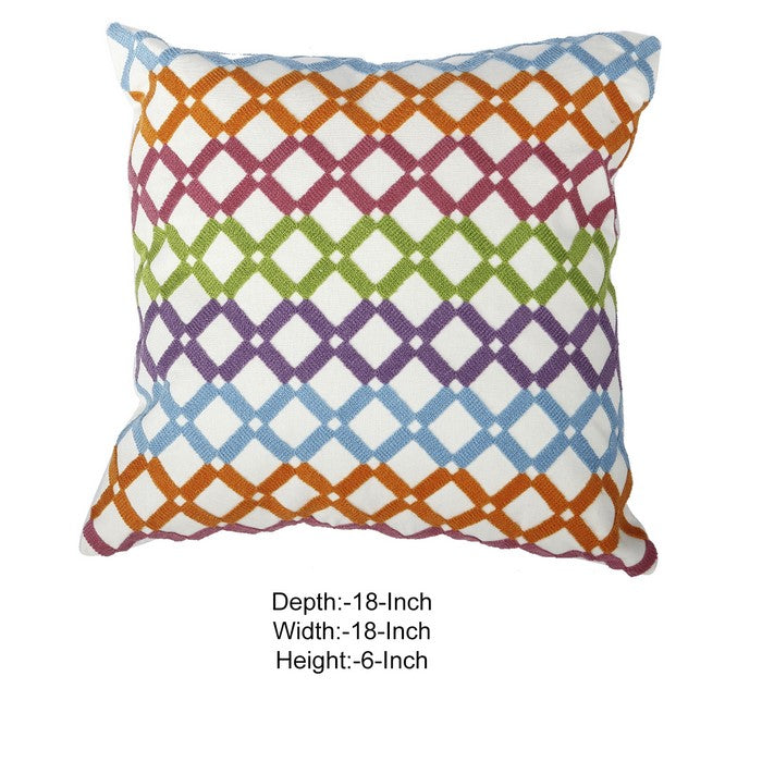 18 X 18 Inch Cotton Pillow with Lattice Embroidery, Set of 2, Multicolor