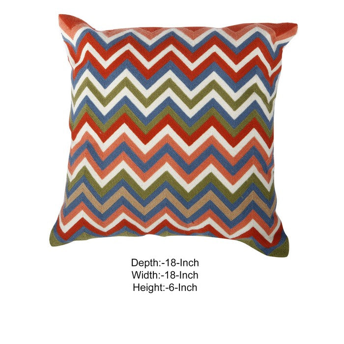 18 X 18 Inch Cotton Pillow with Chevron Embroidery, Set of 2, Multicolor