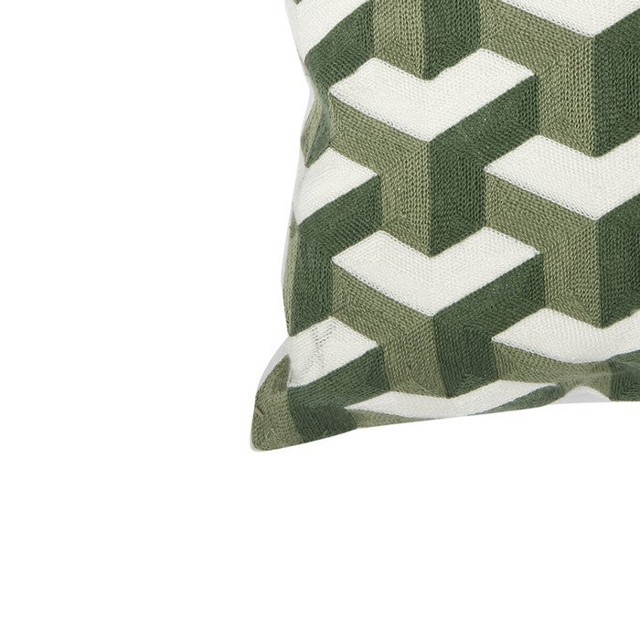18 X 18 Inch Cotton Pillow with Lattice Embroidery, Set of 2, White and Green