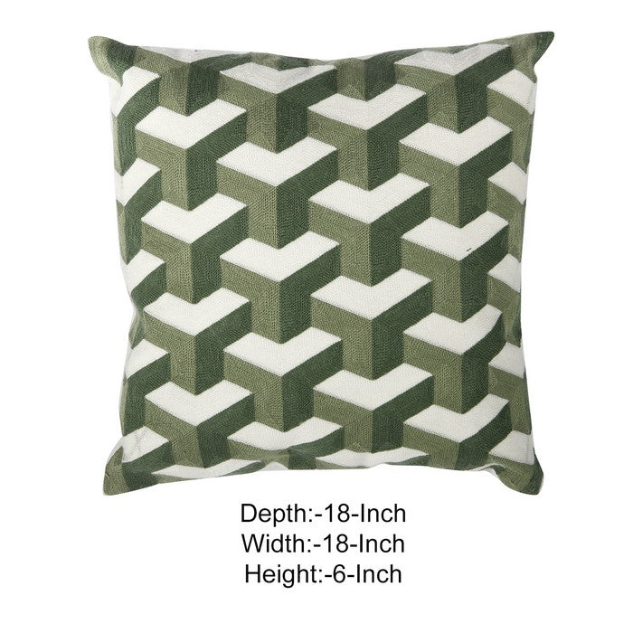 18 X 18 Inch Cotton Pillow with Lattice Embroidery, Set of 2, White and Green