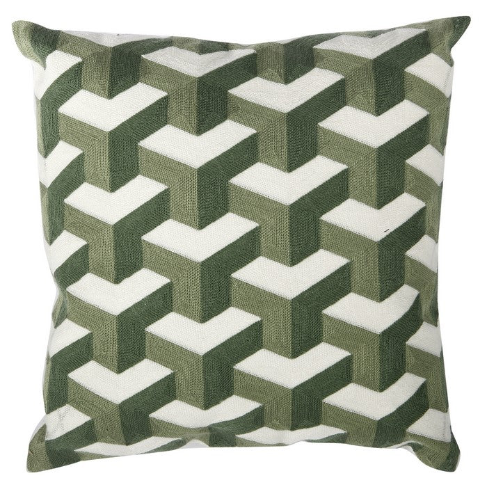 18 X 18 Inch Cotton Pillow with Lattice Embroidery, Set of 2, White and Green