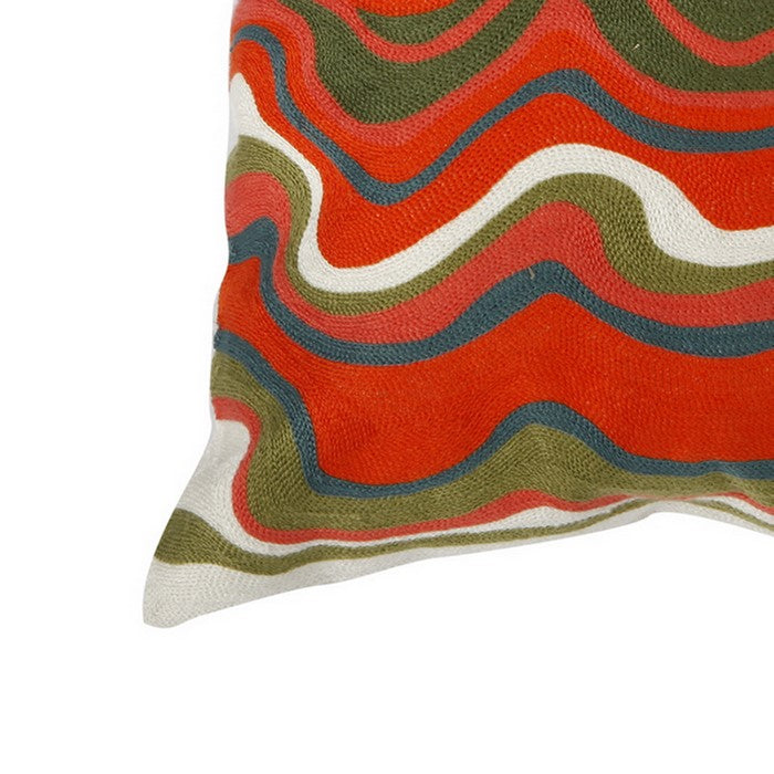 18 X 18 Inch Cotton Pillow with Wavy Embroidery, Set of 2, Multicolor