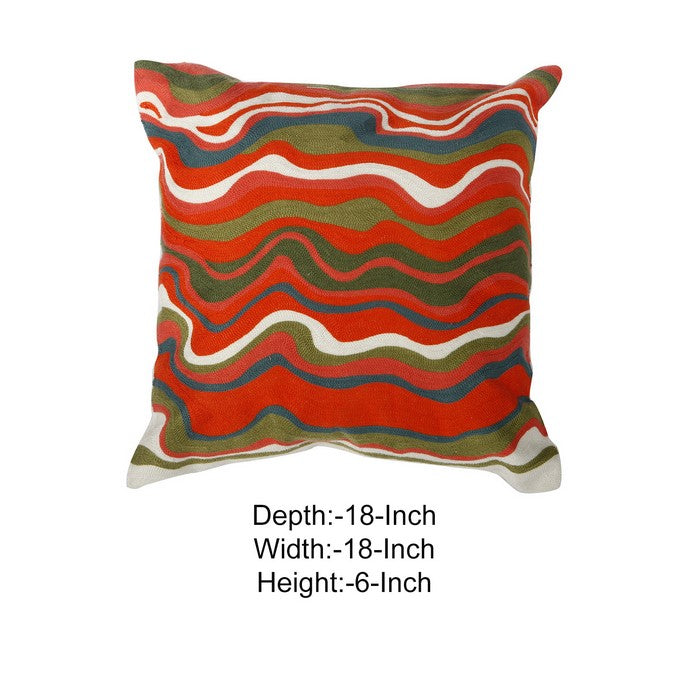 18 X 18 Inch Cotton Pillow with Wavy Embroidery, Set of 2, Multicolor