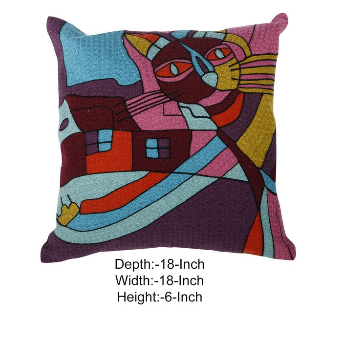 18 X 18 Inch Abstract Cat Art Embroidered Polyester Pillow, Set of 2, Multicolor