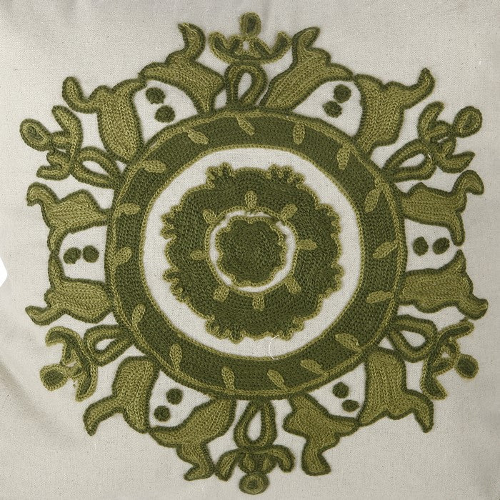 18 X 18 Inch Cotton Pillow with Medallion Embroidery, Set of 2, Green and White