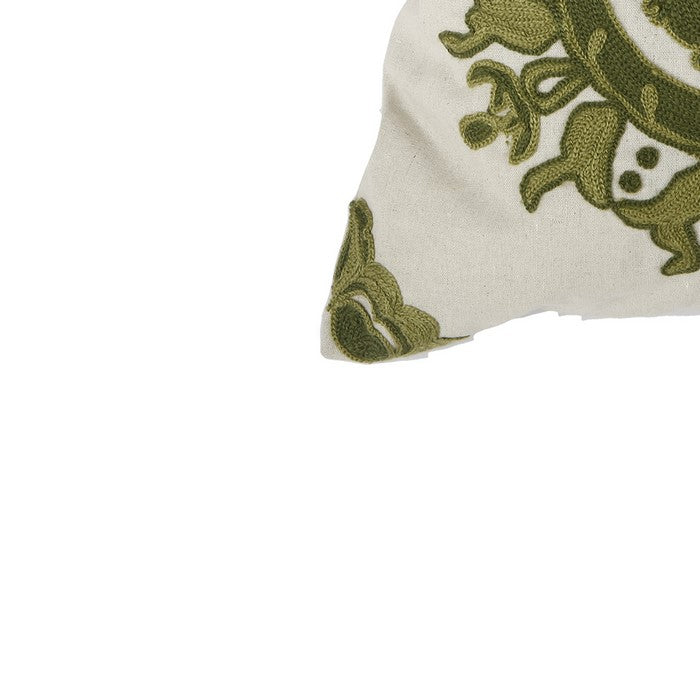 18 X 18 Inch Cotton Pillow with Medallion Embroidery, Set of 2, Green and White