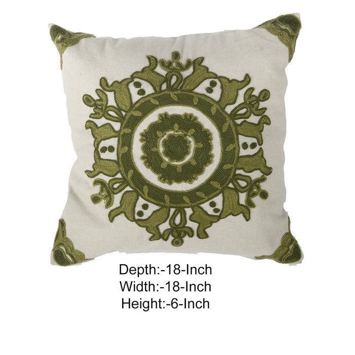 18 X 18 Inch Cotton Pillow with Medallion Embroidery, Set of 2, Green and White