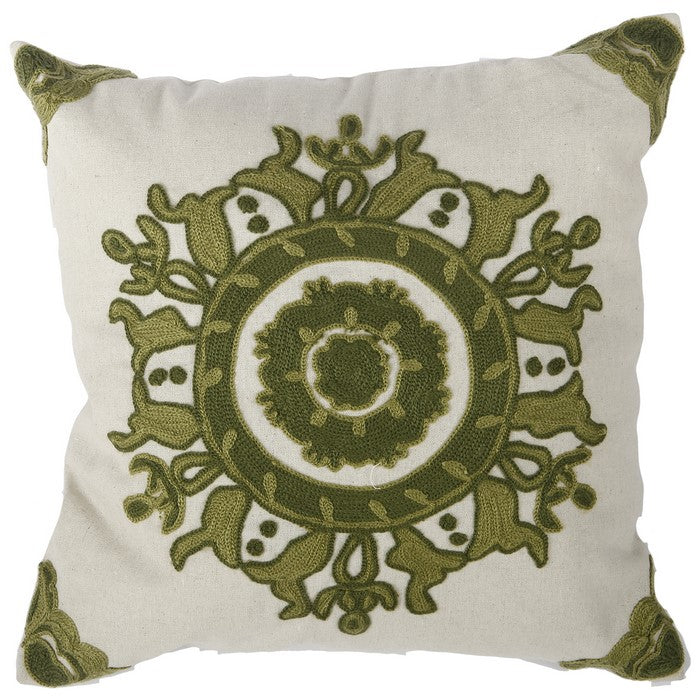 18 X 18 Inch Cotton Pillow with Medallion Embroidery, Set of 2, Green and White