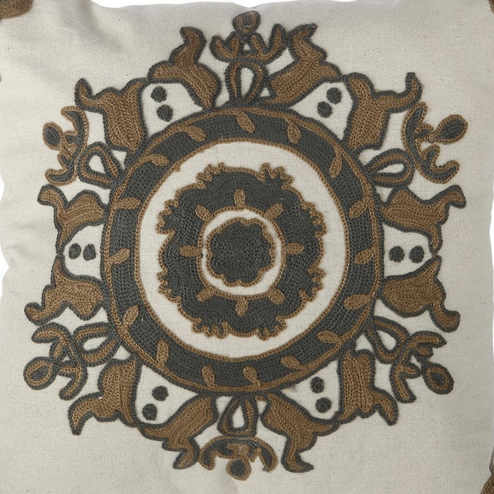 18 X 18 Inch Cotton Pillow with Medallion Embroidery, Set of 2, Brown and White