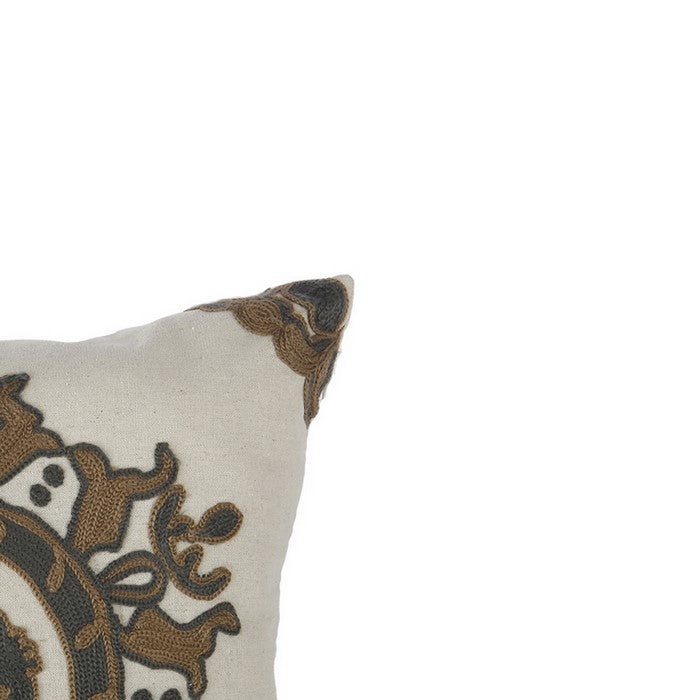 18 X 18 Inch Cotton Pillow with Medallion Embroidery, Set of 2, Brown and White