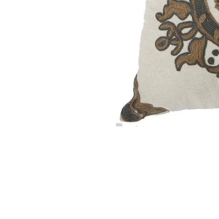 18 X 18 Inch Cotton Pillow with Medallion Embroidery, Set of 2, Brown and White
