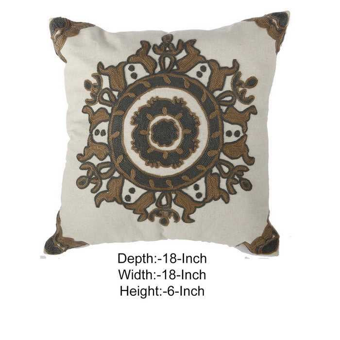 18 X 18 Inch Cotton Pillow with Medallion Embroidery, Set of 2, Brown and White