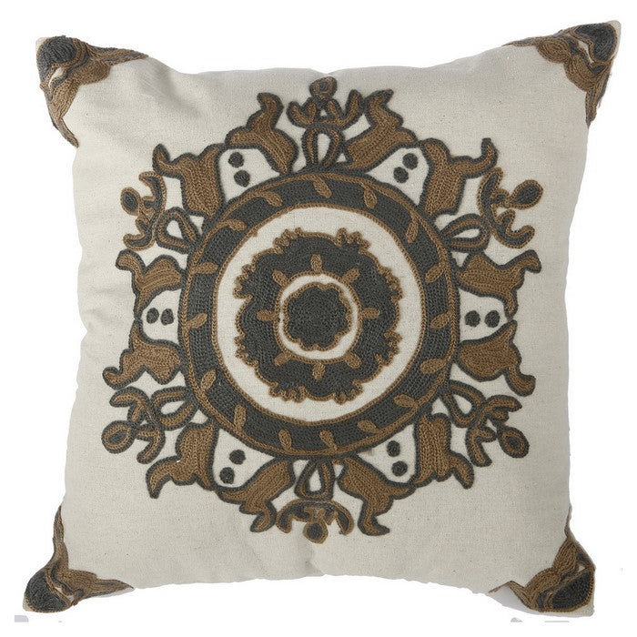 18 X 18 Inch Cotton Pillow with Medallion Embroidery, Set of 2, Brown and White